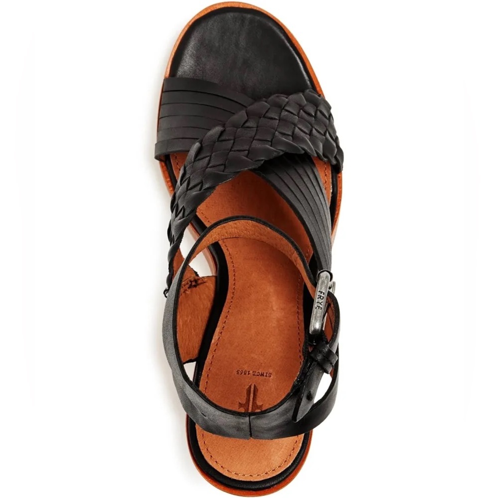 Frye NEW Sara Criss Cross Black Leather Strap Sandal Heels size 7.5 - Picture 2 of 9